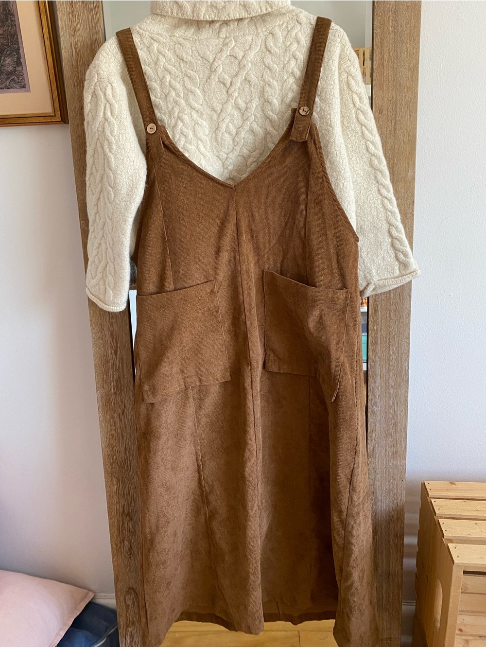 Zanzea Brown Suede-Effect Pinafore Midi Dress with Front Pockets
